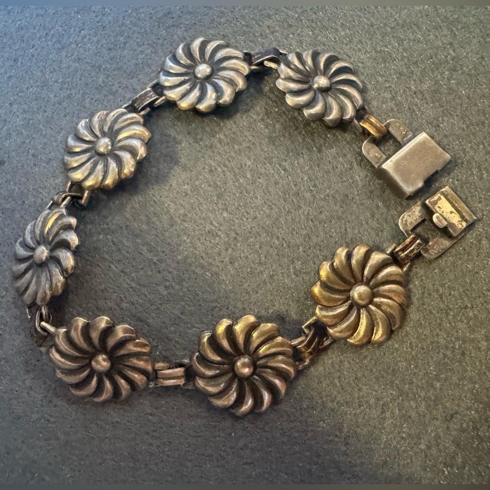 Vintage Floral Link Bracelet Antique Sterling
